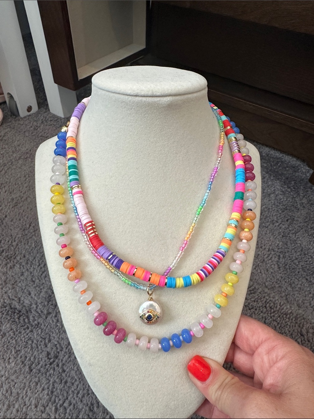 Multicolor Beaded Layered Necklace Set of 3 with Evil Eye Charm